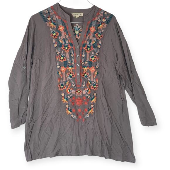 Luna Moon women's XL tunic embroidered gray johnny was floral grey casual - Picture 1 of 9